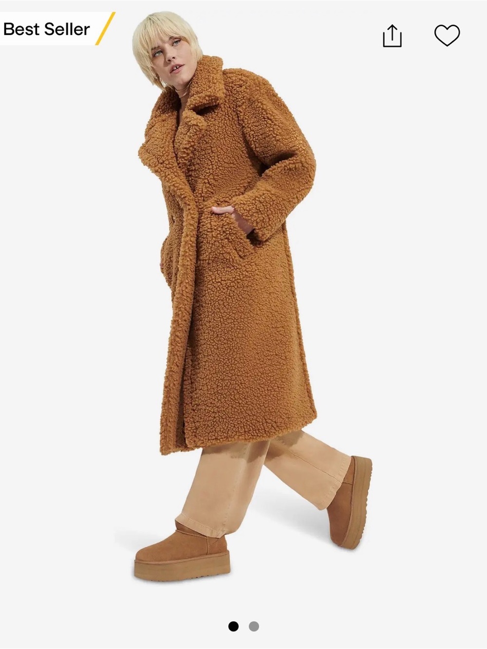 UGG Gertrude Long Teddy Coat in Caramel Brown